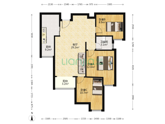 星瑞时代广场一期 3室1厅1卫 92平方