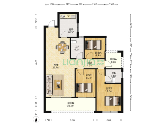 金地云麓一号 3室1厅2卫 106平方