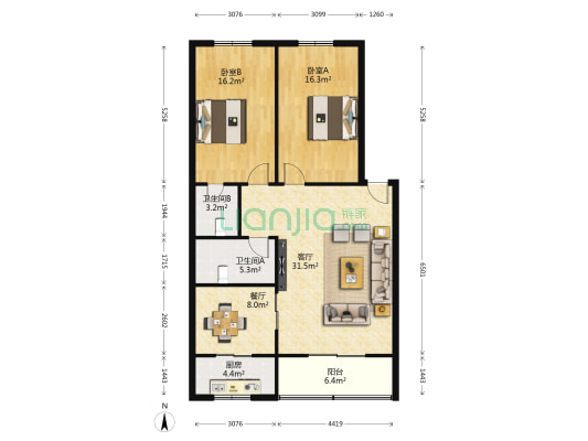 景龙洋楼 2室2厅2卫 113平方