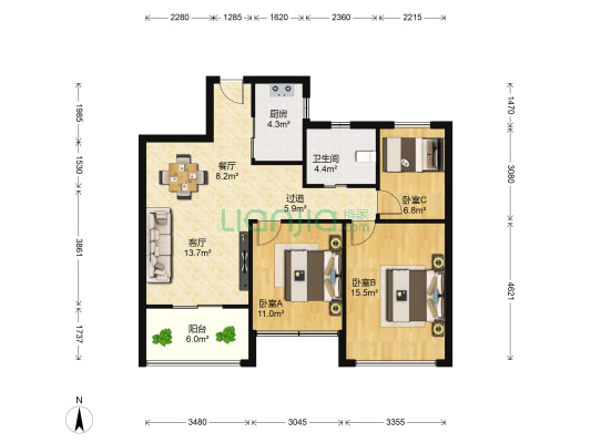 揽悦锦园 3室2厅1卫 82平方