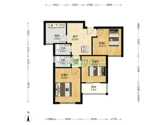 江尚景苑 3室1厅2卫 83平方