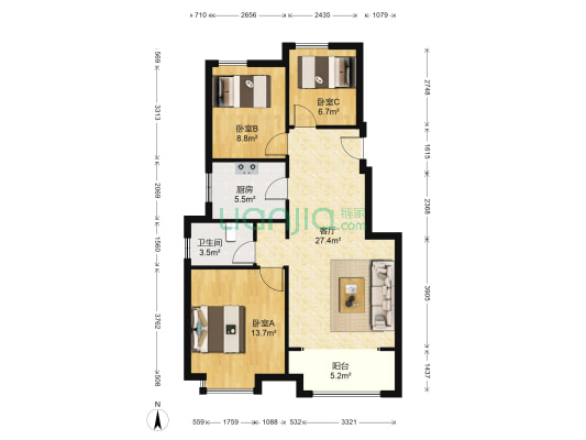 复地悦诚花园 3室1厅1卫 99平方