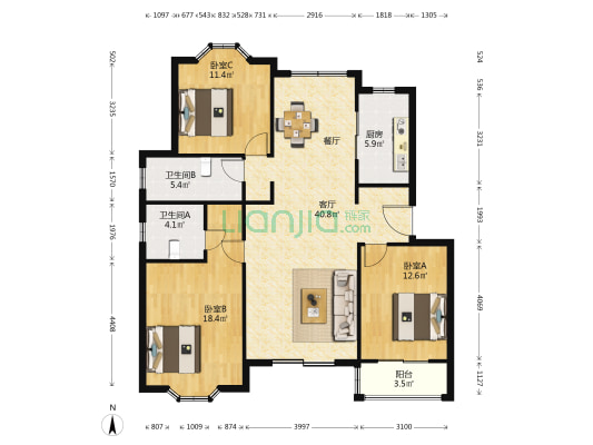 汇园 3室1厅2卫 123平方
