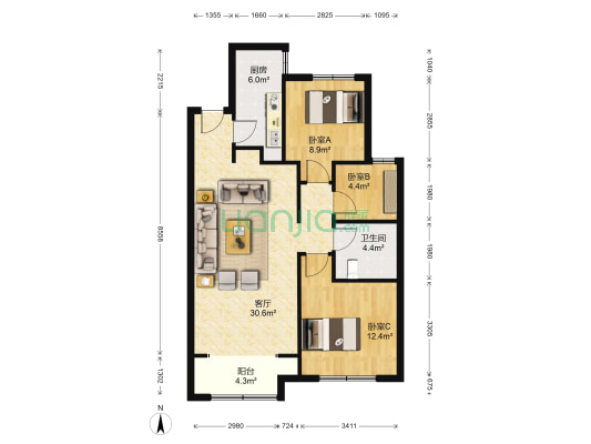 唐人中心F区 3室1厅1卫 103平方