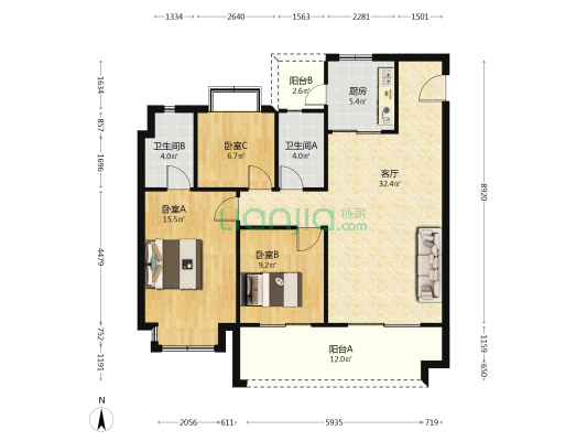 星阳俊园 3室1厅2卫 115平方