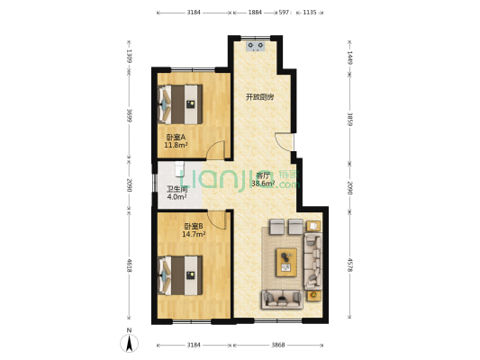 北湖春天D区 2室1厅1卫 93平方