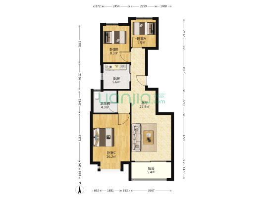 恒大悦湖公馆 3室1厅1卫 108平方