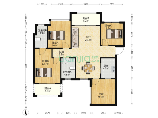 南海幸福汇二期 4室1厅2卫 94平方