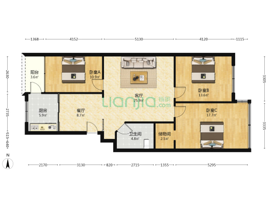 白河路153-183号(单号) 3室2厅1卫 120平方