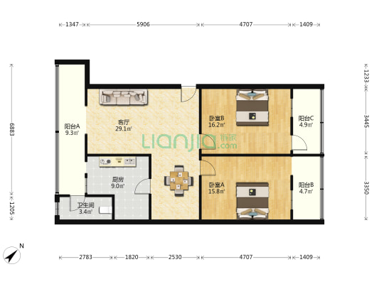 市人大常委会办公厅华海路住宅区 2室1厅1卫 88平方