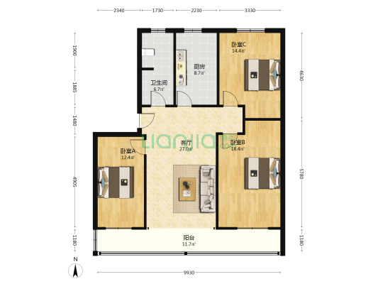 雪松大道联建楼 3室1厅1卫 118平方