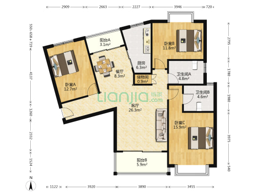 东方都市景苑 3室2厅2卫 130平方