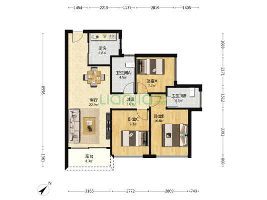 鸿荣源尚云 3室1厅2卫 89平方