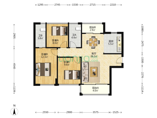 华福城南1号 3室1厅2卫 94平方