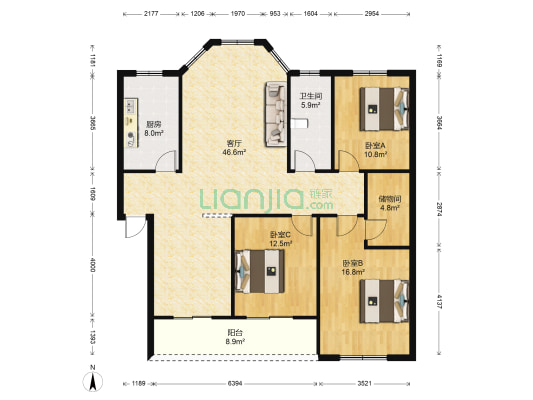 祥生新世纪花园 3室1厅1卫 136平方