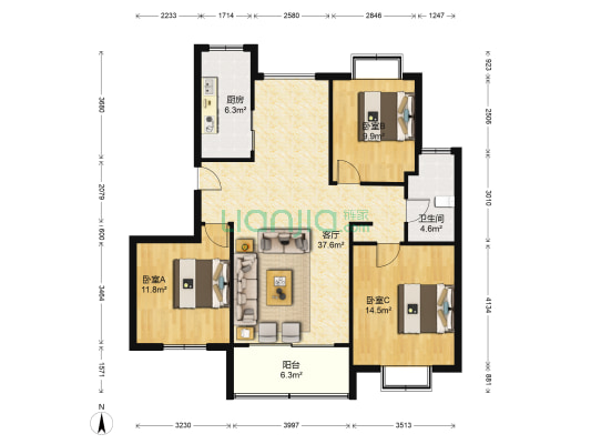 紫金门花苑北区 3室1厅1卫 114平方