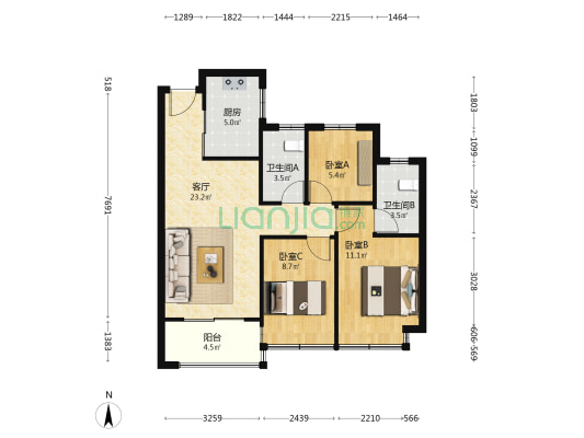 新生圩宝龙广场 3室1厅2卫 89平方
