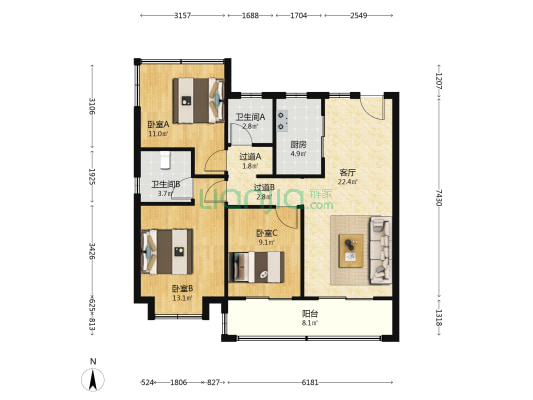 城建琥珀东樾里 3室1厅2卫 108平方