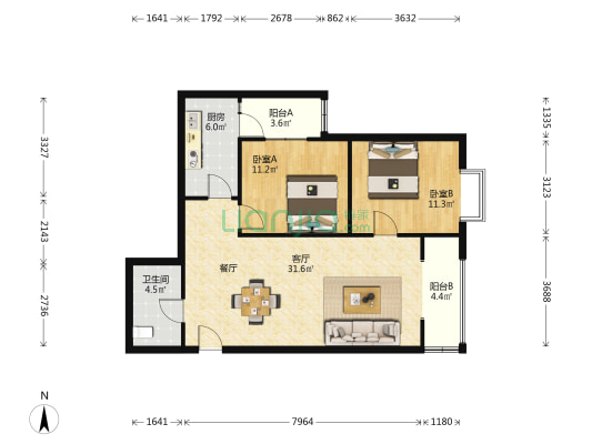 宏府鹍翔九天E区 2室1厅1卫 97平方