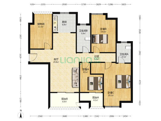 雨润城 3室1厅2卫 139平方
