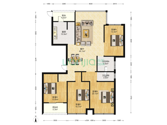 紫金湾B区 4室1厅2卫 143平方