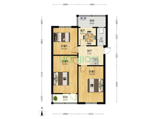 区西胡同 3室2厅1卫 71平方