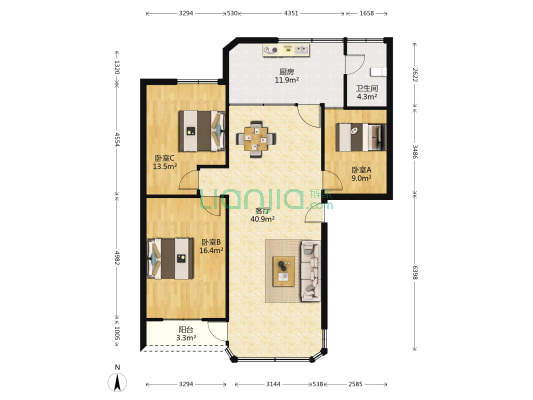 供电局宿舍 3室1厅1卫 119平方