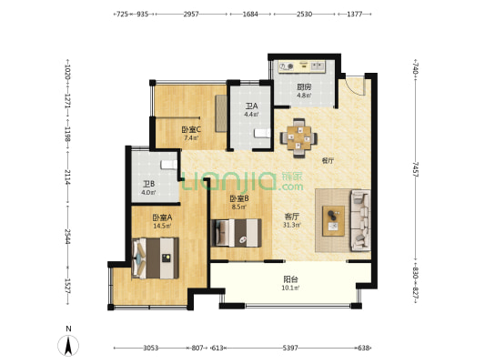 光明府A区 3室1厅2卫 116平方