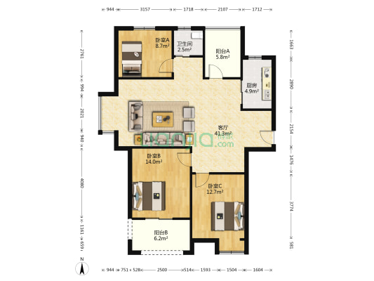 美利广场棠雅苑 3室1厅1卫 120平方