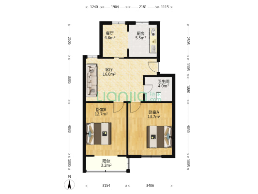 春馨园B区 2室2厅1卫 77平方