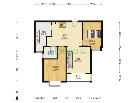 北美印象雅苑 2室2厅1卫 87平方