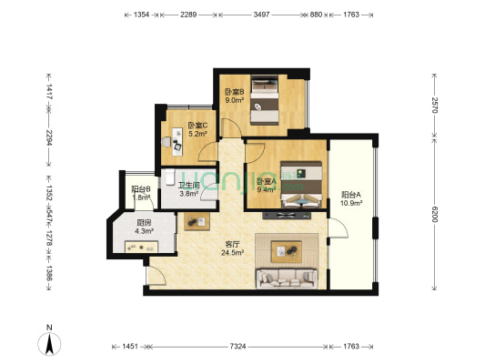中粮锦云 3室1厅1卫 81平方