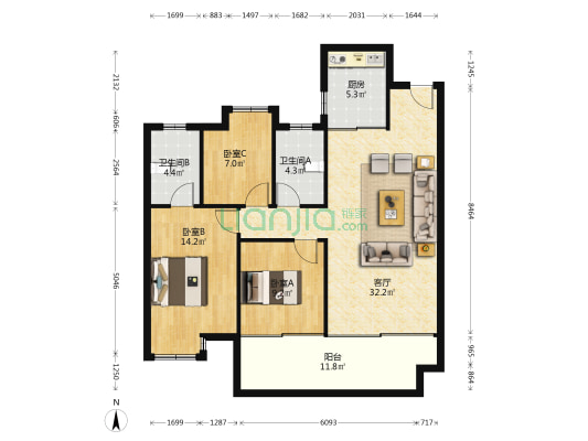 力高君誉府 3室1厅2卫 108平方