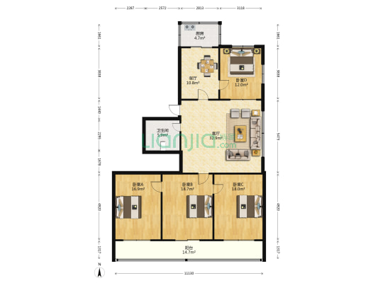 河道宿舍 4室2厅1卫 155平方