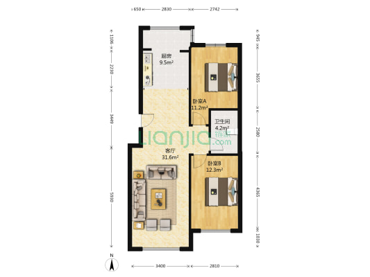 钻石湾 2室1厅1卫 105平方
