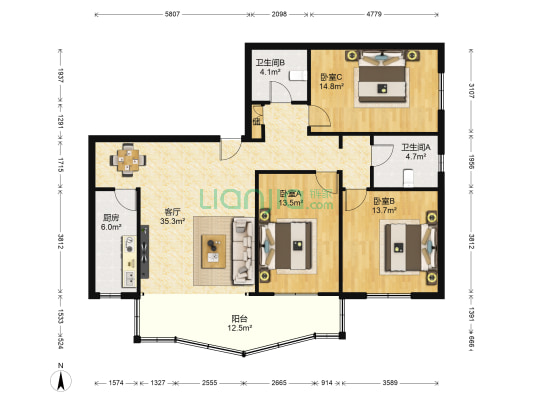 旺盛大厦 3室1厅2卫 155平方