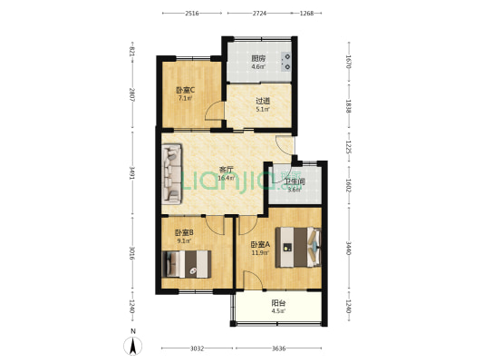 实验二中家属楼 3室1厅1卫 72平方