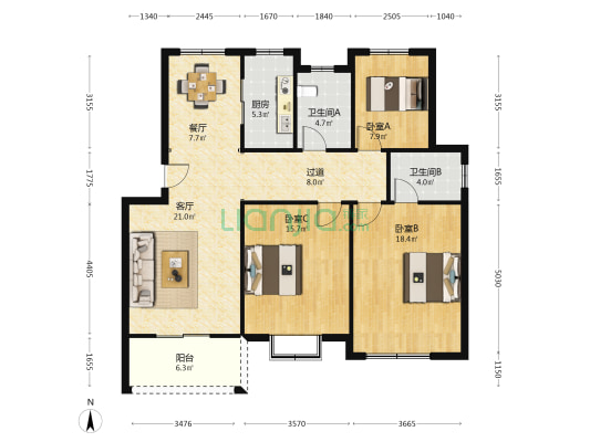 平湖中南花园二期 3室2厅2卫 118平方
