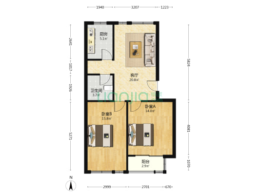 天然居小区 2室1厅1卫 76平方