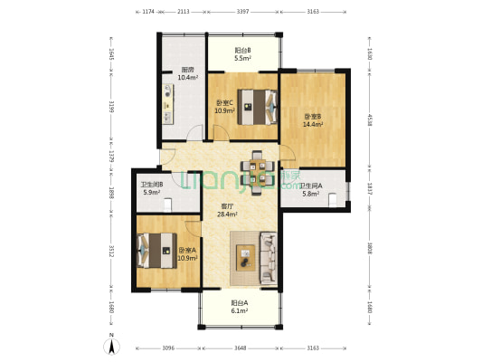 东风渠宿舍 3室1厅2卫 92平方