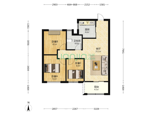 龙湖盛天景粼天著 3室1厅1卫 79平方