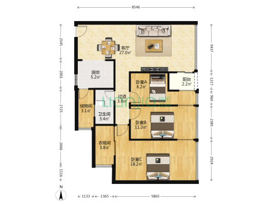 米兰公寓 3室1厅1卫 87平方