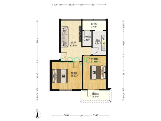 洋河三村51号 2室1厅1卫 59平方