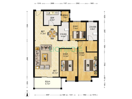 恒大山水城 3室2厅2卫 137平方