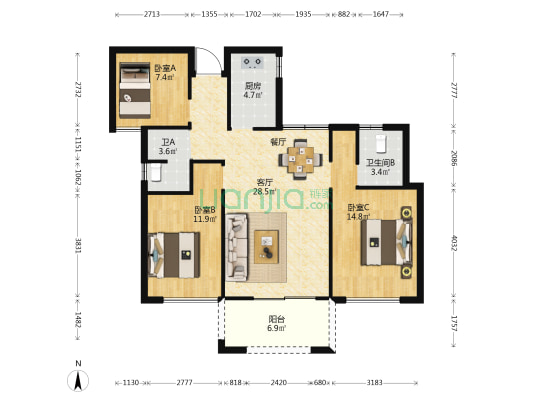 星汇龙城 3室1厅2卫 110平方