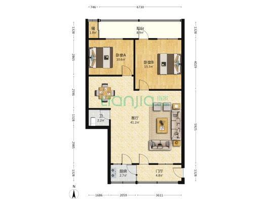 银行学校宿舍 2室1厅1卫 85平方
