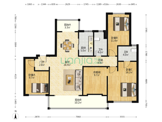 德商翰林天骄城 3室1厅2卫 136平方