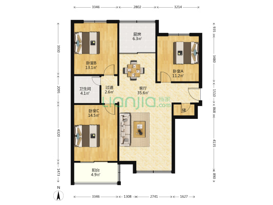 气象嘉园 3室1厅1卫 127平方
