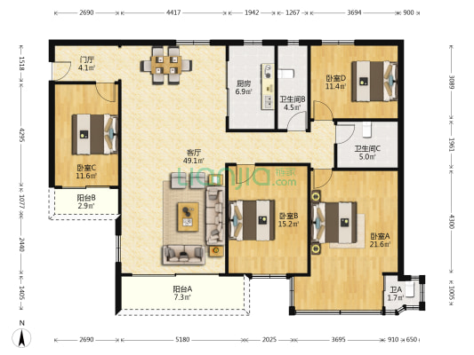 十小区 4室1厅3卫 163平方