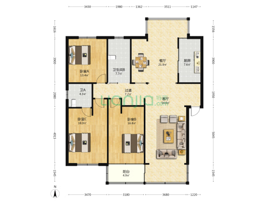 樟河苑 3室2厅2卫 160平方